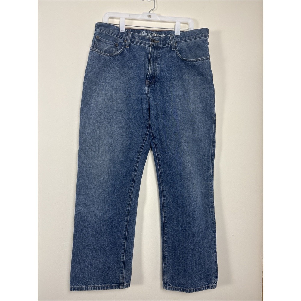 Eddie Bauer Jeans Men's 35x30 Blue Dark Wash Denim Pants Straight Relaxed Cotton